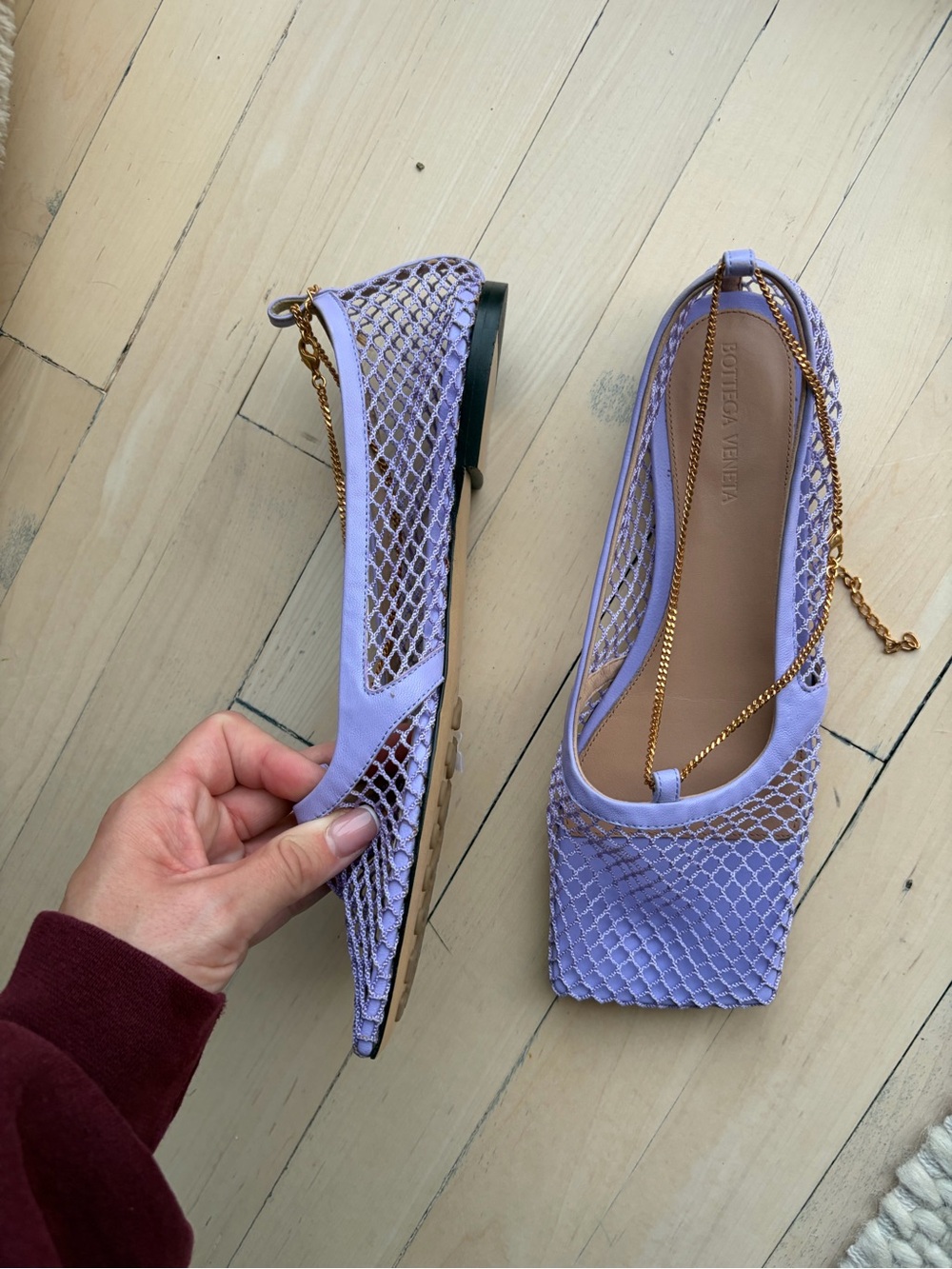 Bottega Veneta Lavender Mesh Square-Toe Flats with Gold Chain - Picture 3 of 5